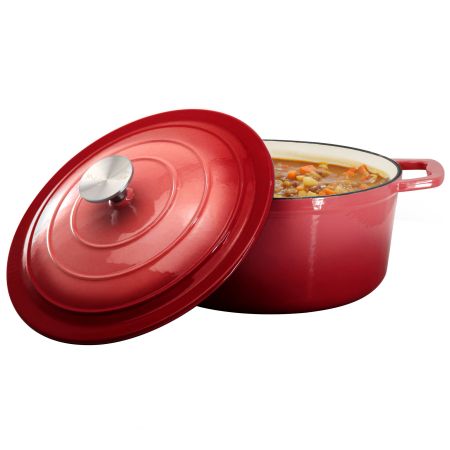 MegaChef 5 Quarts Round Enameled Cast Iron Casserole with Lid in Red